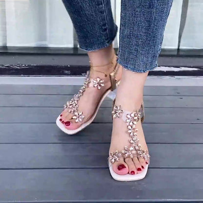 🎁49% rabatt💕 - Damblomma Rhinestone Block Heel Sandals