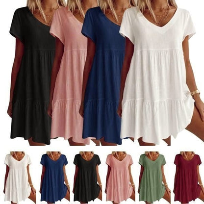 Stor -Sized Cotton Mixed Compound V -Neck Loose Woven Dress korta ärmar