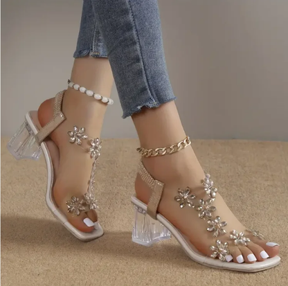 🎁49% rabatt💕 - Damblomma Rhinestone Block Heel Sandals