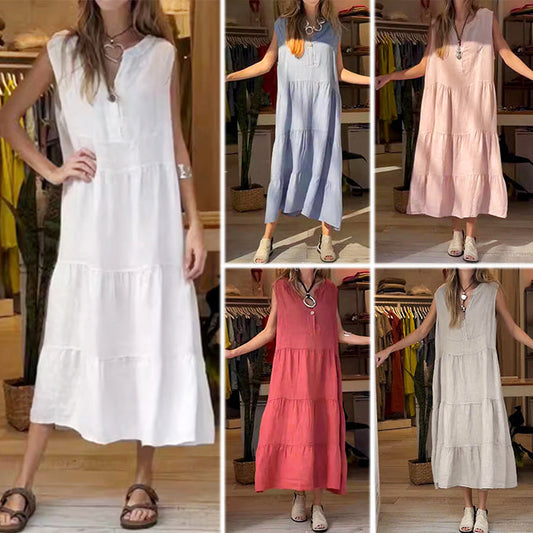Retroklänning i bomull och linne för kvinnor i enfärgad modell