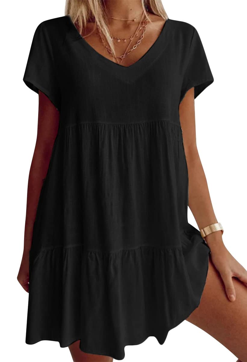 Stor -Sized Cotton Mixed Compound V -Neck Loose Woven Dress korta ärmar