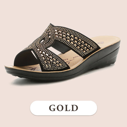 Retro halkfria Wedge-sandaler med mjuk sula och strass