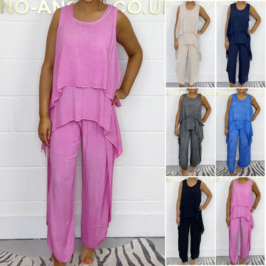 Casual Sleeveless Loose Top and Pants Suit for Plus Size Women