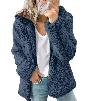 Women Open Front Hooded Cardigan Fleece Pocket Outwear