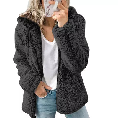 Women Open Front Hooded Cardigan Fleece Pocket Outwear