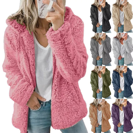 Women Open Front Hooded Cardigan Fleece Pocket Outwear