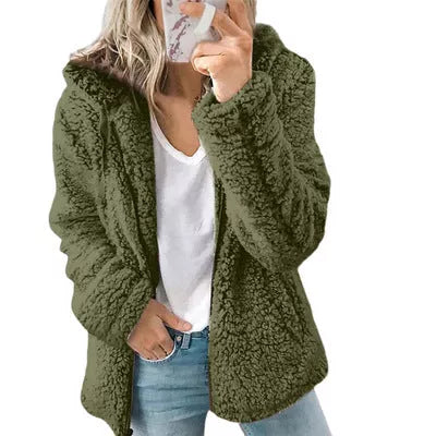 Women Open Front Hooded Cardigan Fleece Pocket Outwear