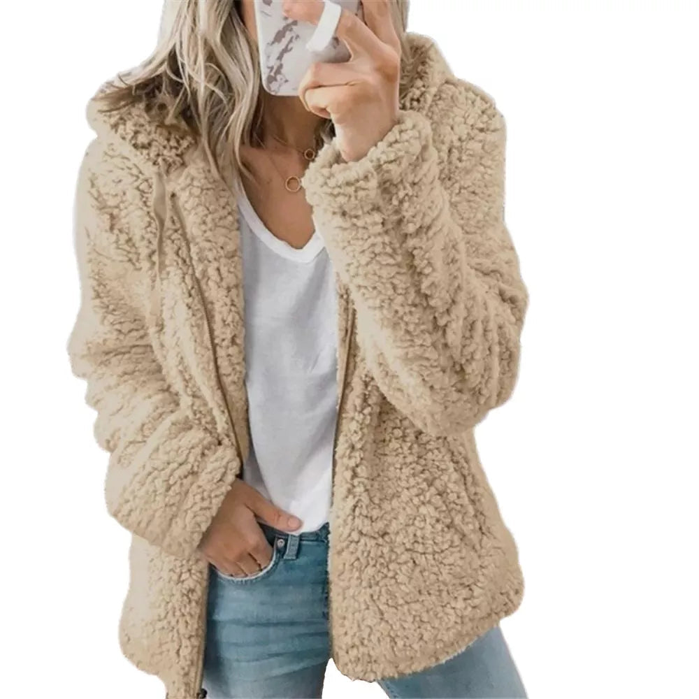 Women Open Front Hooded Cardigan Fleece Pocket Outwear