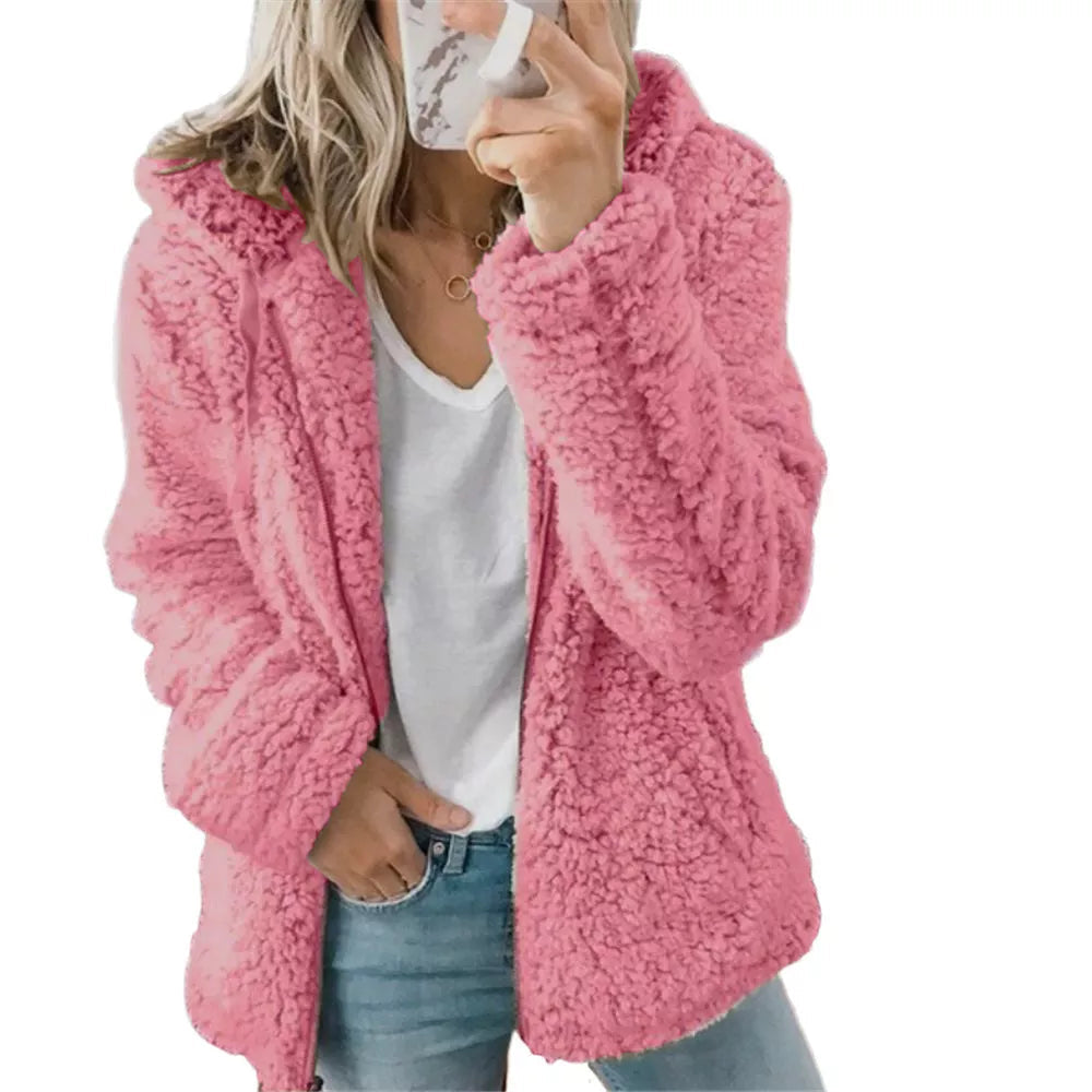 Women Open Front Hooded Cardigan Fleece Pocket Outwear