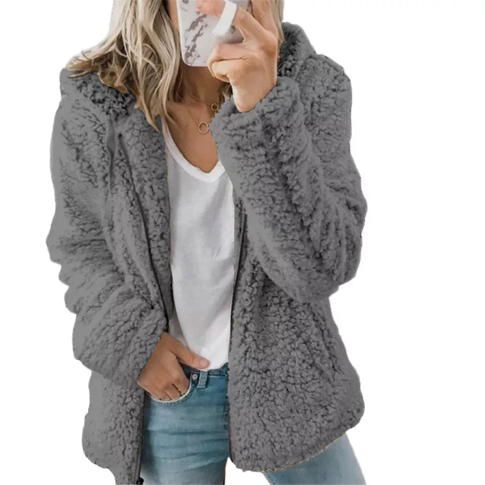 Women Open Front Hooded Cardigan Fleece Pocket Outwear