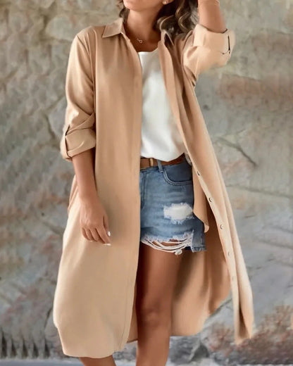 Solid loose lapels long buttoned jacket shirt