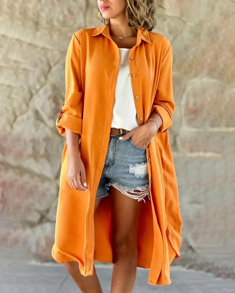 Solid loose lapels long buttoned jacket shirt