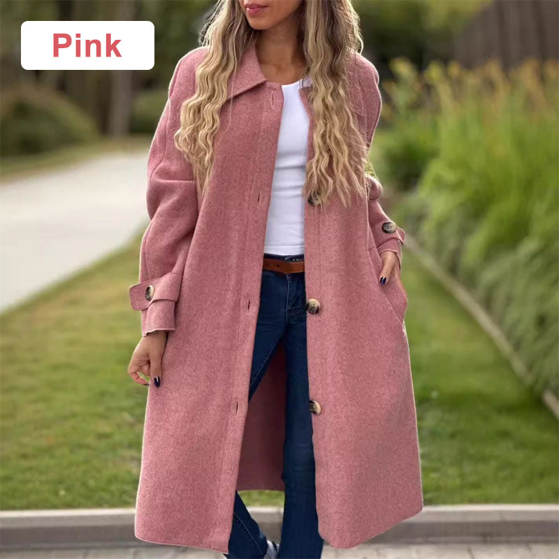 Women's Button-Down Long Solid Color Coat