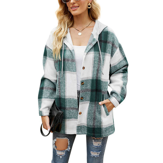 Hooded Drawstring Button Sidoficka Plaid Fleece Casual Jacka