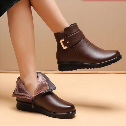 Genuine Leather Metal Buckle Velvet Boots