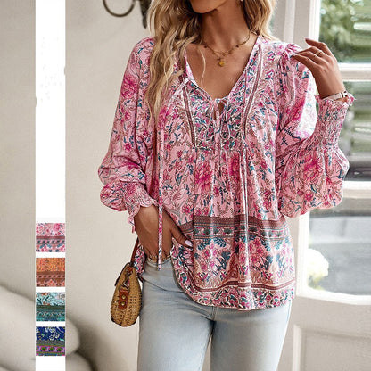 🌸Speciale prijs🌸Vrouwelijke modieuze bedrukte V-hals lange mouw shirt